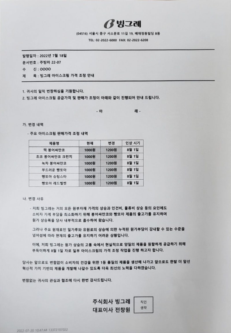 빙그레, 해태 샌드류 아이스크림 가격인상