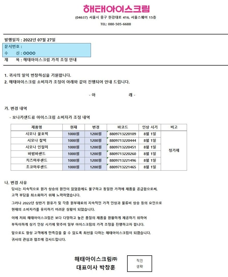 빙그레, 해태 샌드류 아이스크림 가격인상