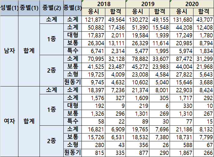서울특별시 운전면허 통계 - 성별별, 종별 연간 통계
